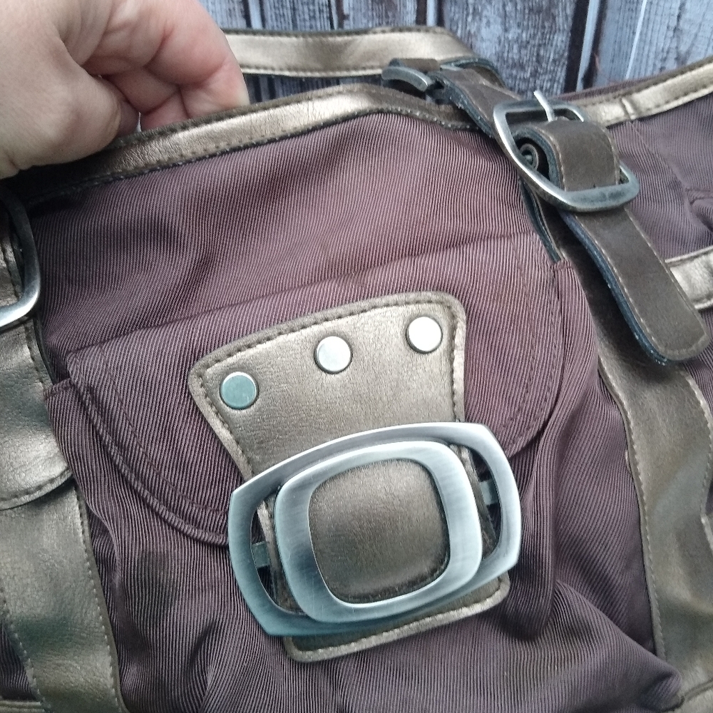 Rip Stop Nylon Faux Leather Buckle & Strap 3 Compartment Shoulder Bag - Picture 6 of 15